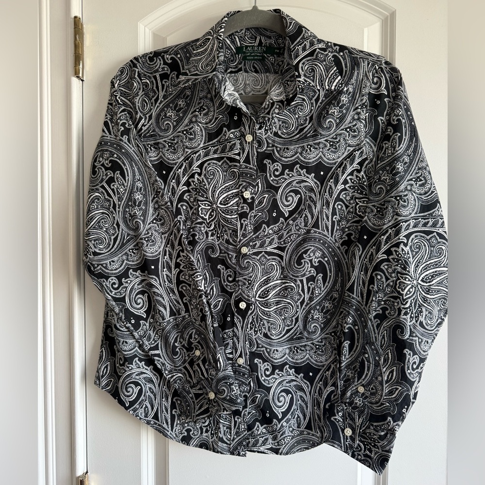 LAUREN Ralph Lauren Black & White Paisley Button-Up Non-iron Shirt, sz. PM, EUC!